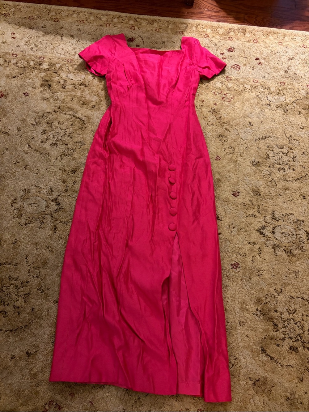 Vintage Alfred Angelo Hot Pink Short-Sleeve Maxi Dress raw silk-like EUC party